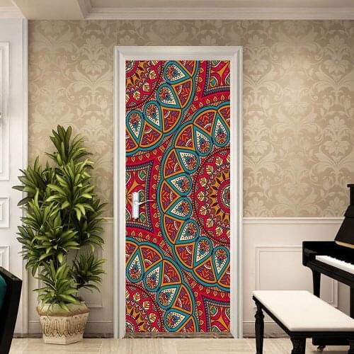 2pcs/set Red Mandala Pattern Doors Sticker Home Living Room Decoration Stickers Self-adhesive Waterproof PVC Art Mural Poster