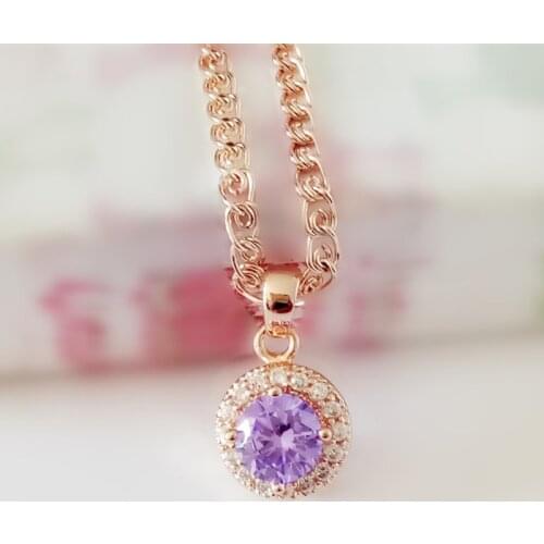 Luxury Round Shape Purple Cubic Zircon Pendant New Cute Women Jewelry Pink Rose Gold Color Jewelry Necklace Pendants