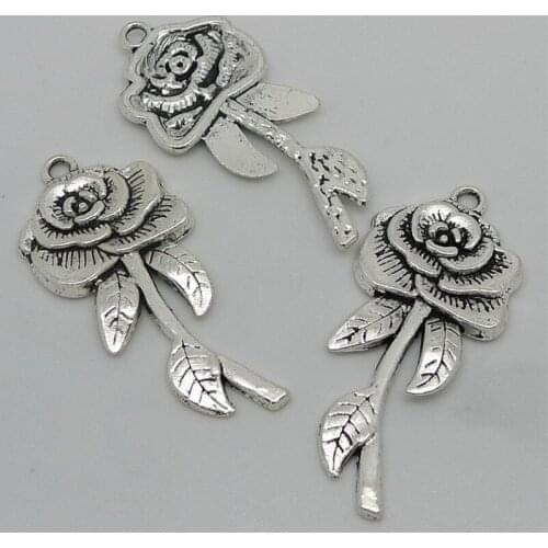 ALYMMO 5Pcs/lot Antique Silver A Rose Flower Charms 44X20mm Plant Charms for Handmade Jewelry