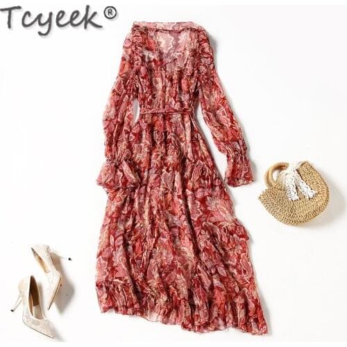 Silk 200% Spring Summer Dress Floral Red Dress Female Elegant Long Sleeve Dresses for Women Korean Clothes Vestidos