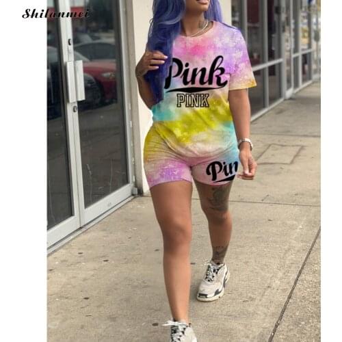Tie Dye 2 Piece Set Women Two Piece Outfits For Women Cute Pink Clothing T Shirt Shorts Sweat Suit Lounge Wear Matching Sets