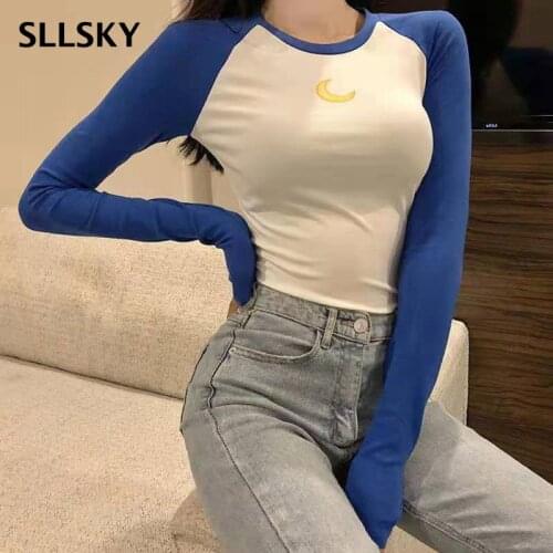 Sllsky Casual Retro Blue And White Stitching Contrast Color Tight-fitting Long-sleeved Base T-shirt Sexy Womens Wild Slim