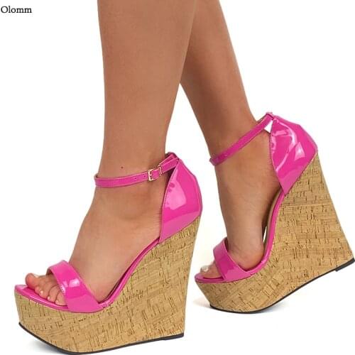 Olomm New Handmade Women Summer Ankle Strap Sandals Patent Comfort Wedges Heel Open Toe Pretty Fuchsia Party Shoes Size 35 45 46