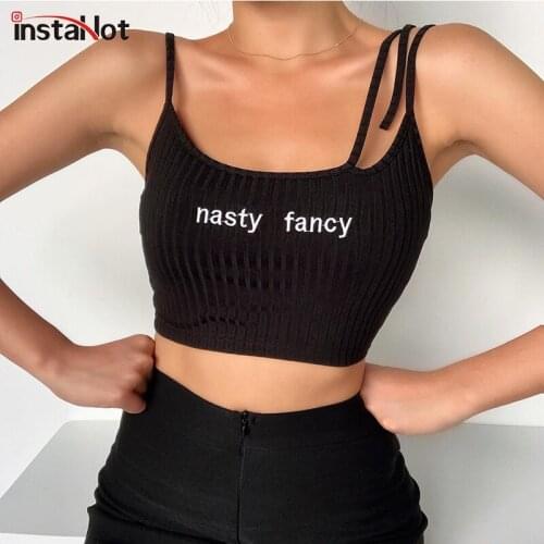InstaHot women sexy crop top letter embroidery slim backless summer camisole solid double strap top 2020 casual streetwear top