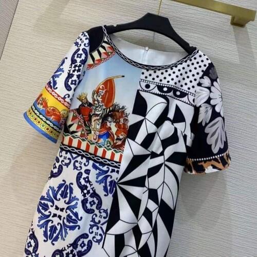 2021 Women Summer Runway Fashion Short Sleeve Dots Geometric Leopard Blue Flower Print Mini Dress