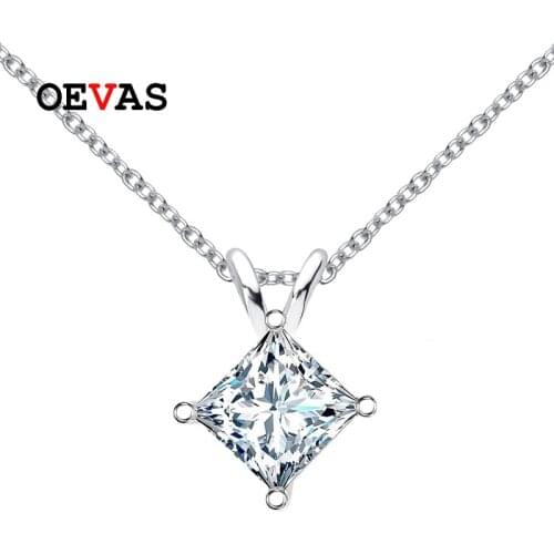 OEVAS Real 1 Carat Square Moissanite 100% 925 Sterling Silver Pendant Necklace For Women Sparkling Wedding Party Fine Jewelry
