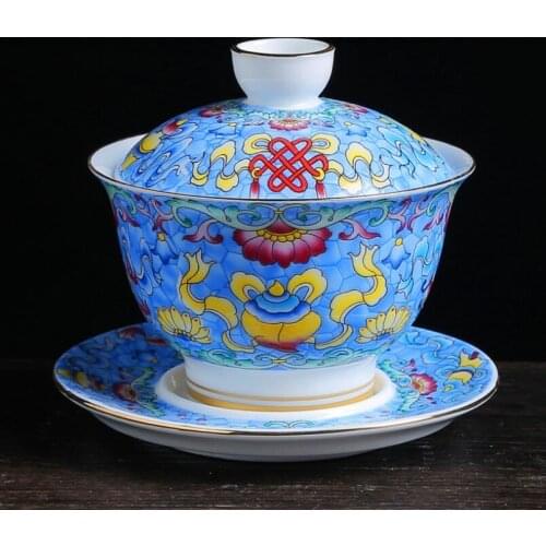 150ml Extra Big Blue and White Porcelain Eight Treasures Gaiwan Chinese Tea Bowl Yellow Ceramic Tea Tureen Tea Cup Saucer Set