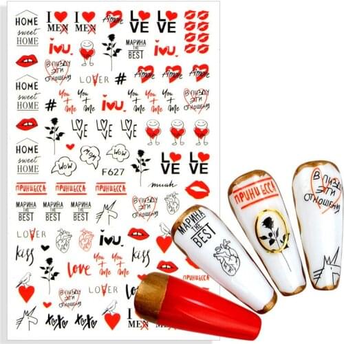 3D Love Kiss Letter Water Nail Decals Heart Bowknot Transfer Sticker DIY Nail Art Decor Slider Lace Zipper Lip Decorations Tips