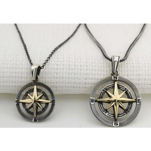925 sterling Silver Men Women Double Compass Necklace