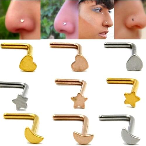 BOG-3PCS Mixed Colors 316L Surgical Steel L Shape Nose Ring Wiht Heart,Moon,Star Top Nose Piercing Stud Body Jewelry 20g