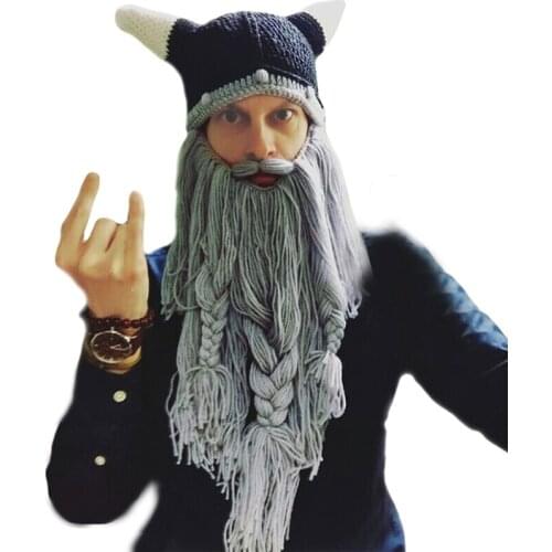Bearded Horns Hand-knitted Hat Men Funny Gag Halloween Cap Winter Warm Handmade Barbarian Viking Beanie Beard Horn Caps CP0170