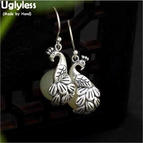Uglyless Exotic Thai Silver Fine Jewelry for Women Handmade 100% Real Solid 925 Silver Peacocks Earrings Jade Phoenix Earrings