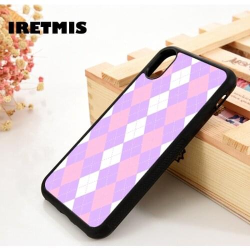 Iretmis 5 5S SE 6 6S TPU Silicone Rubber Phone Case Cover for iPhone 7 8 Plus X Xs 11 12 MINI Pro Max XR Purple Argyle