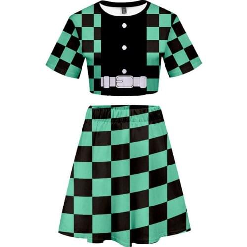Demon Slayer Kimetsu No Yaiba Cosplay Costume Zenitsu Uniform T-shirt Crop Top Skirt 2021 Dropshipping Anime Dress Sportswear