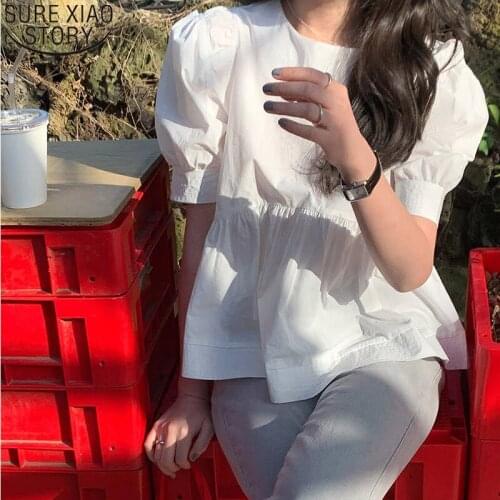 Sweet White Blouse Short Puff Sleeve Cotton Shirt Women Tops Korean O-neck Shirt Summer New 2021 Casual Blusa Feminina 14038