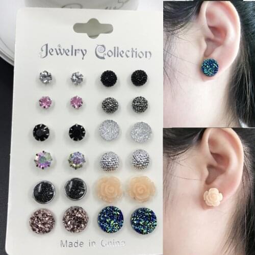 Wholesale 12Pairs/set Classic Womens Round Ball Metal Pearl Earrings for Women Girl Gifts Crystal Stud Earring Sets Mix Jewelry
