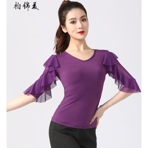 Latin dance shirt female adult new modern dance performance costume competition national standard V-neck lotus sleeve competitio