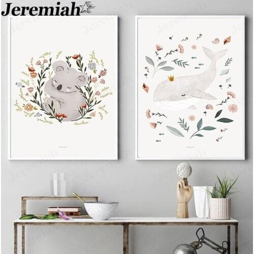 Modern Cartoon Animal Koala Canvas Painting Flower Whale Poster Nursery Wall Art Nordic Childrens Room Home Decoration