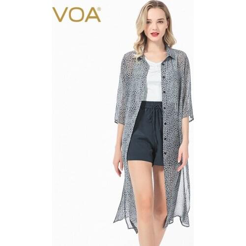 VOA Silk Gray Leopard Pattern Printed Silk Polo Collar Three-Quarter Sleeve Single Row Multi-Buckle Mid-Length Thin Shirt BJ90