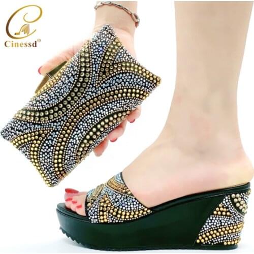 Black Color Shoes with Matching Bags Ladies Italian Shoe and Bag Set Decorated with Rhinestone New Style Women Pumps