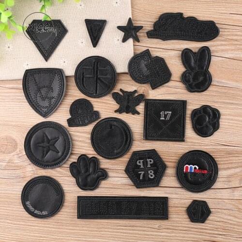 Embroidery Black PU Leather Iron On Patches Yeah Star Stripe Stickers Embroidered for Clothes Shoes Pants Bags Appliques Badge