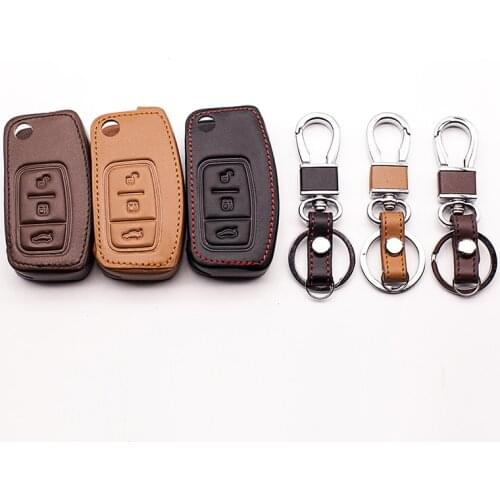 High quality car-covers 100% car leather key case genuine leather key chain ring cover for Ford Focus 2 MK2, 3 buttons Key Shel