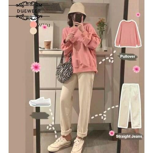 Women Sets 2 Pieces Outfits Trendy Sweet Simple Hoodies Straight Loose Jeans Student All-match Korean Daily Casual Streetwear