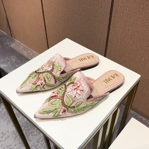 Womens Flats Mule Leisure Pointed Toe Slip on Slipper Embroidery Floral Summer Suede Leather Shoes Slides New 2021