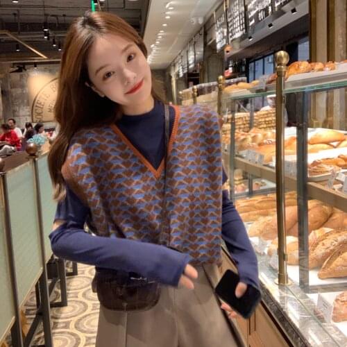 Women Sleeveless Pullover Autumn 2020 Korean Style Vintage Geometric Hearts V Neck Knitted Sweater Vest Jumper Tank Tops T417