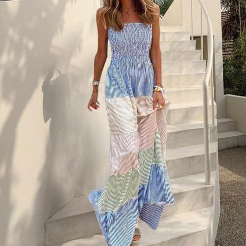 Ladies Loose Elegant Dress Bow Knot Sling Wide Hem Square Collar Tube Top Dress for Beach Sundress Vintage Casual Dress Female