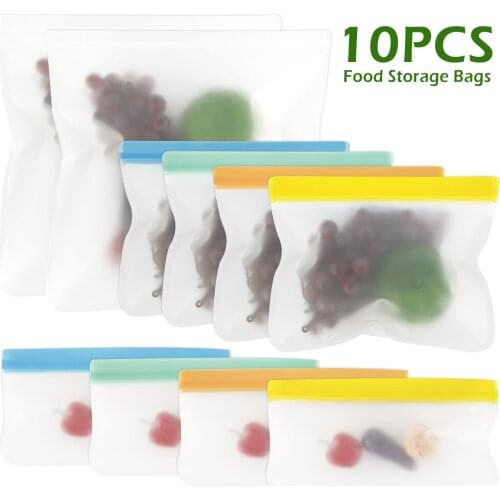 10PCS Silicone Food Storage Bag Zero Waste Ziplock Food Bag Reusable Refrigerator Fresh Bags Gallon Bag Sandwich Bag Snack Bag
