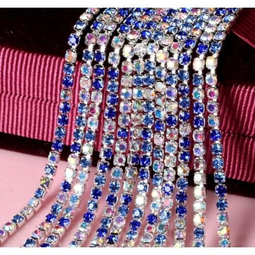 10Yard Bling Sapphire+AB Gradient DIY Dense Silver Base Claw Crystal Rhinestones Chain For Wedding Clothing Art Decoration