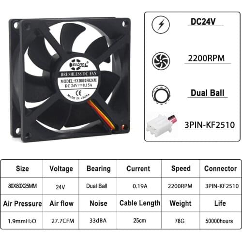 2pcs 24V fan 8cm 80mm 80x80x25 mm 3Pin 8025 Radiator dual ball dc 24V 0.15A 2200RPM server inverter axial Cooling Cooler Fan