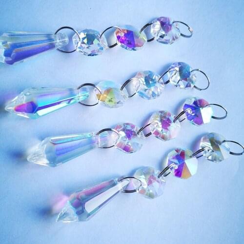 Free Shipping 10PCS AB Color Crystal octagon Beads With Glass Icicle-U Drops for Chandelier Parts & Birthday Cake Topper Decor