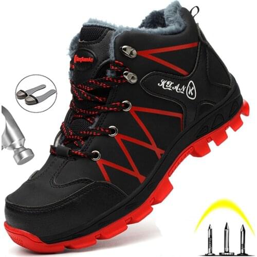 Winter Boots Mens Safety Work Shoes Steel Toe Cap Anti-Smash Anti-Puncture Boots Outdoor Hiking Plush Warm Snow Boots Fashion