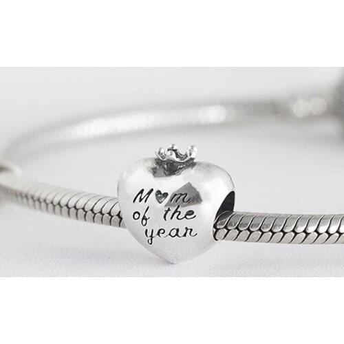 Authentic S925 Silver Bead Crown Mom of the Year Heart Charm fit Pandora Bracelet Bangle
