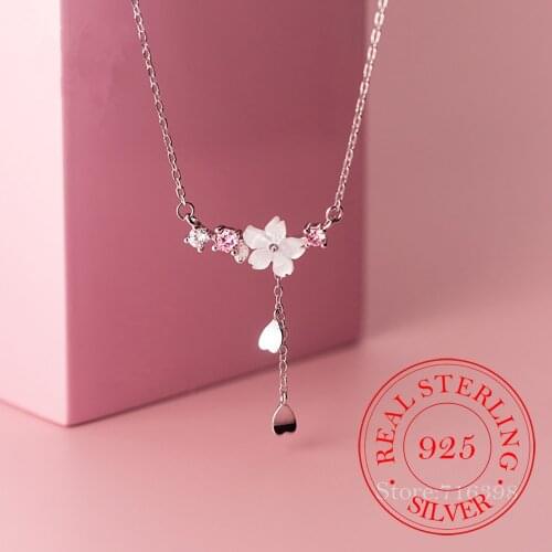 Real 925 Sterling Silver Cherry Flower Shell Long Tassel Necklace for Women Sweet Heart Pendant Clavicle Chain Choker Necklace