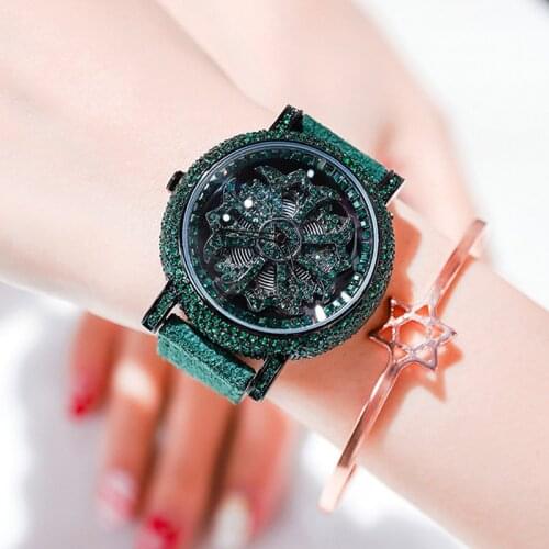 Creative Rotation Dial Watch Women Luxury Brand Diamond Crystal Leather Ladies Watch gold female wristwatch relogio feminino