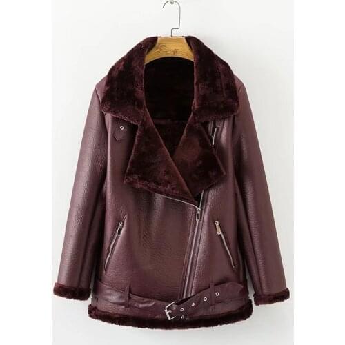 Faux Leather Lambs Wool Fur Collar Suede Jacket Coats Winter Women Faux Lamb Leather Female Warm Thick Outerwear Jacket