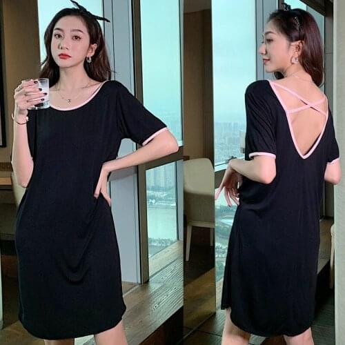 Summer Modal Sexy Exposed Back Large Size Nightgown Female Sleeveless Mid-length Easing Back Contrast Color Article Skirt Solid