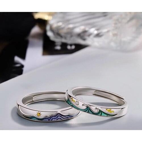 Fashionable Couple Ring Silver Color Mountain Sea Personality Adjustable Rings Love Anniversary Gift