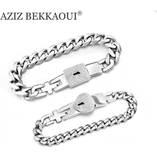 AZIZ BEKKAOUI Fashion Name Heart Jewelry Lock & key Couple Bracelets Stainless Steel Figaro Chain Bracelets Drop Shipping
