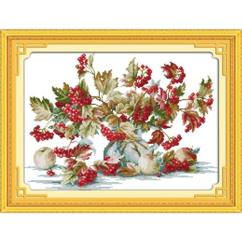 Oneroom Little Red Fruit Flower Needlework 14CT White Canvas Cross Stitch,Sets For Embroidery Kits, Counted Cross-Stitching