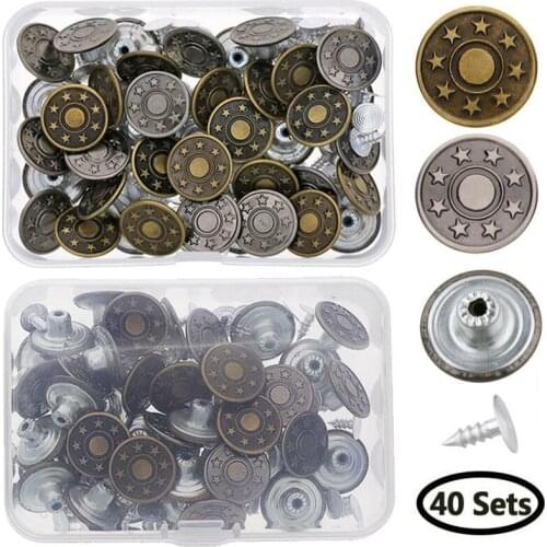 40 Sets 17mm Metal Jeans Button Tack Press Buttons Replacement Kit with Rivets and Plastic Storage Box for Any Jeans Trousers