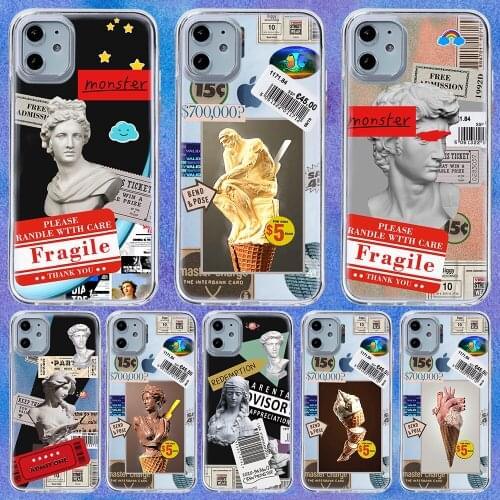 Retro Label For iPhone 12 Pro Max Mini 11 8 7 6 Plus XS Max XR X SE for iPhone Clear Soft Silicone Phone Case Statue Phone Case