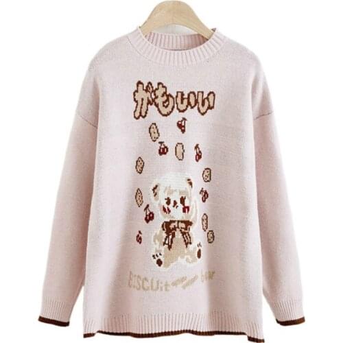 Women Sweaters Cartoon Bear Embroidery Jaquard Casual Knitted Pullover Kawaii 2020 Winter Full Sleeve Japanese Girly Cute Tops