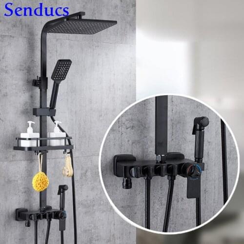 Senducs Bathroom Faucet Luxury Thermostatic Bath Shower Set Matte Black Rainfall Shower Faucet Black Bronze Shower System