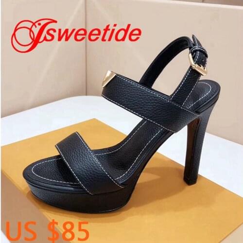 Famous Designer Women peep toe SandalsLitchi grain cowhide Waterproof platform High heels Genuine Leather Comfortable Sandals