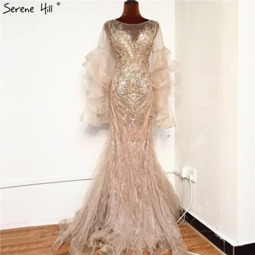 Serene Hill Gold Petal Long Sleeve Mermaid Prom Dresses 2020 Luxury Sparkl Sequins Beading Sexy Formal Dress DLA70410