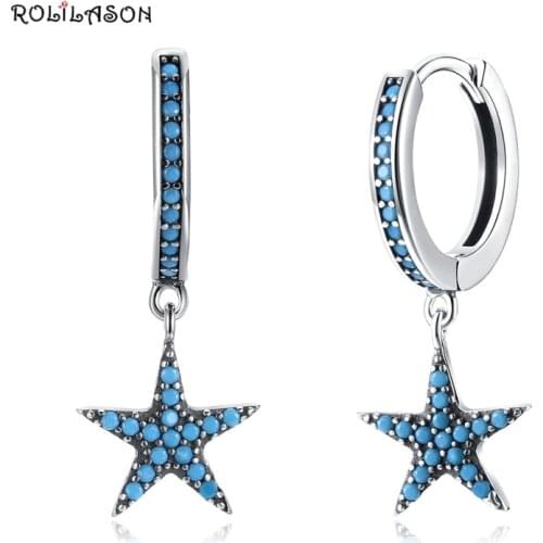 ROLLASON 925 pure sterling silver drop earring blue crystal ladies silver fine jewelry star earrings SE31
